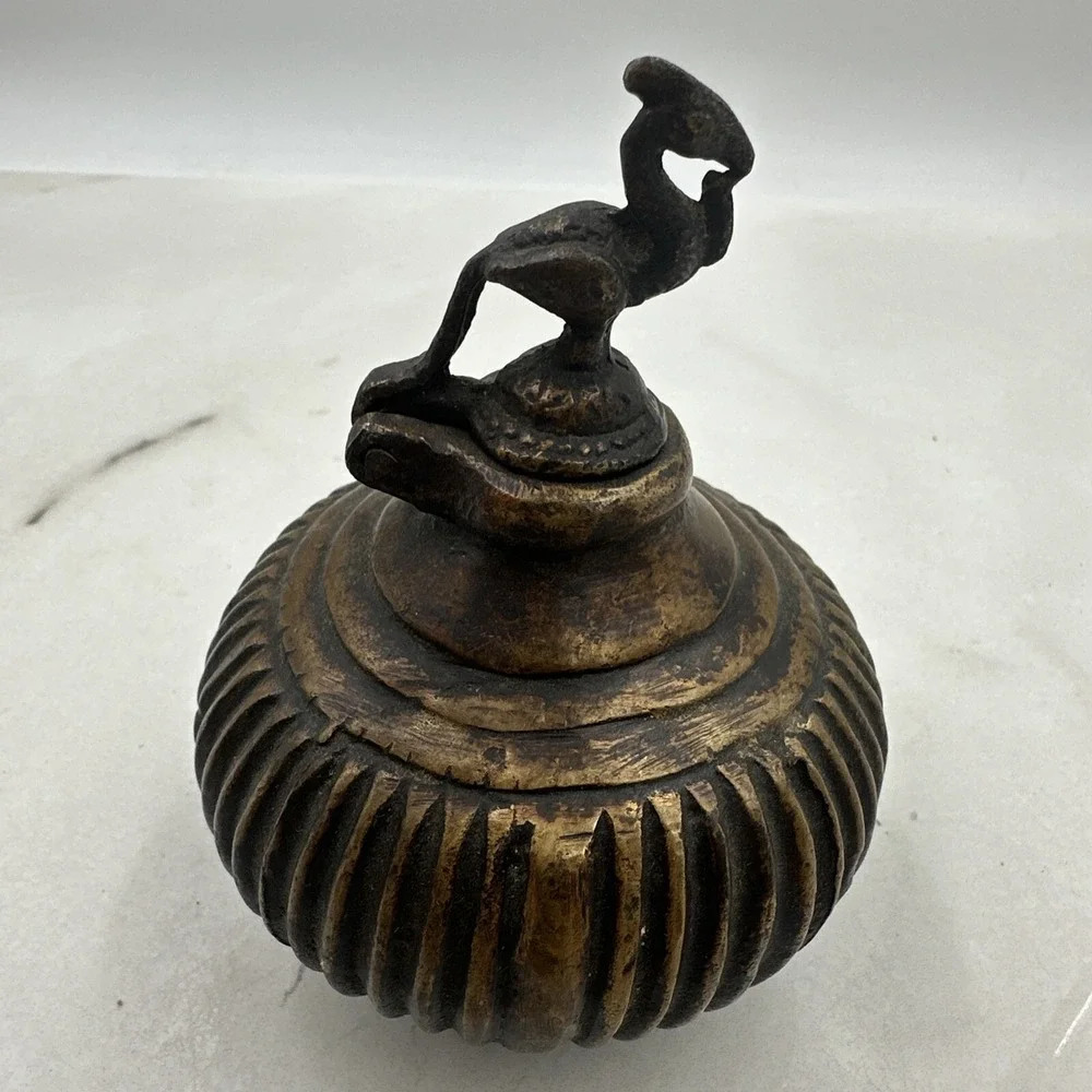 Antique Ink Well Indian Cast Bronze Mughal Footed w/ Peacock Lid & Fluted Sides